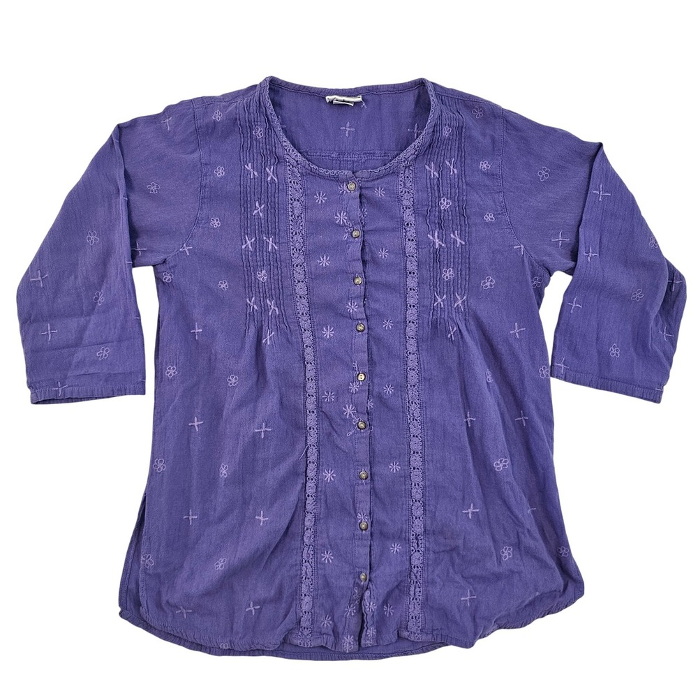 Eucalyptus Purple Embroidered Button Front Blouse S Guatemala Boho Pintuck Lace